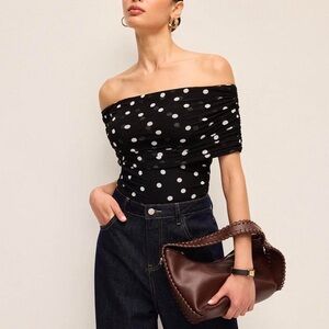 Abercrombie and Fitch Black Polka Dot Mesh Folderover Ruched Bodysuit
